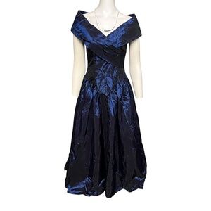 Loralie Vtg 80s Prom Queen Metallic Royal Blue Taffeta Formal Ball Gown Dress 6